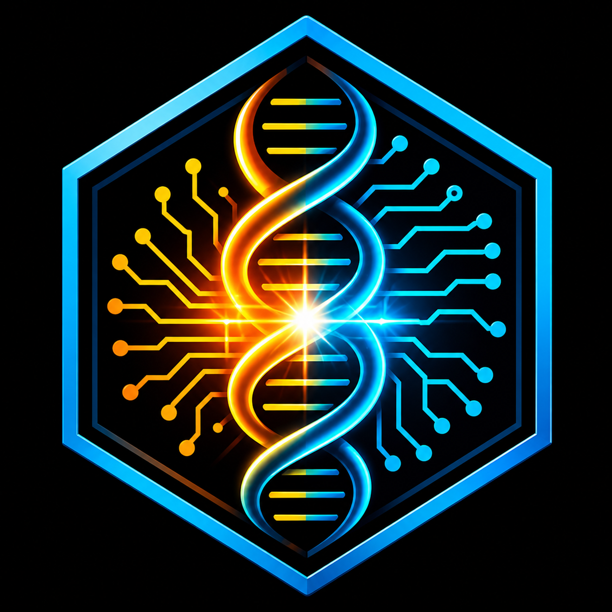 Neon DNA emblem with glowing circuits